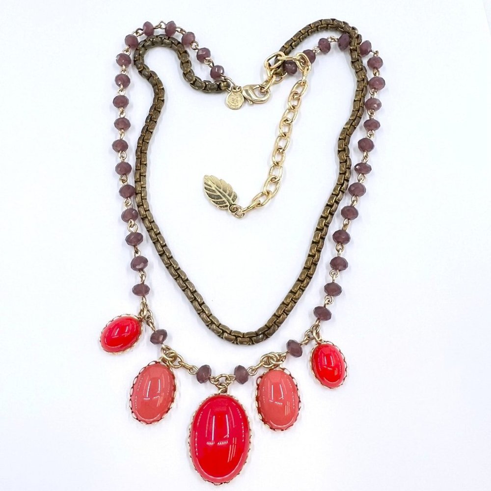 David Aubrey - Peach & Orange Bib Style Beaded Two Strand Gold Tone Necklace